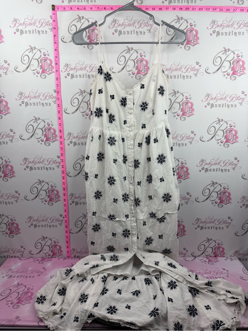 Mexx dress long White Dress with Black Floral Embroidery